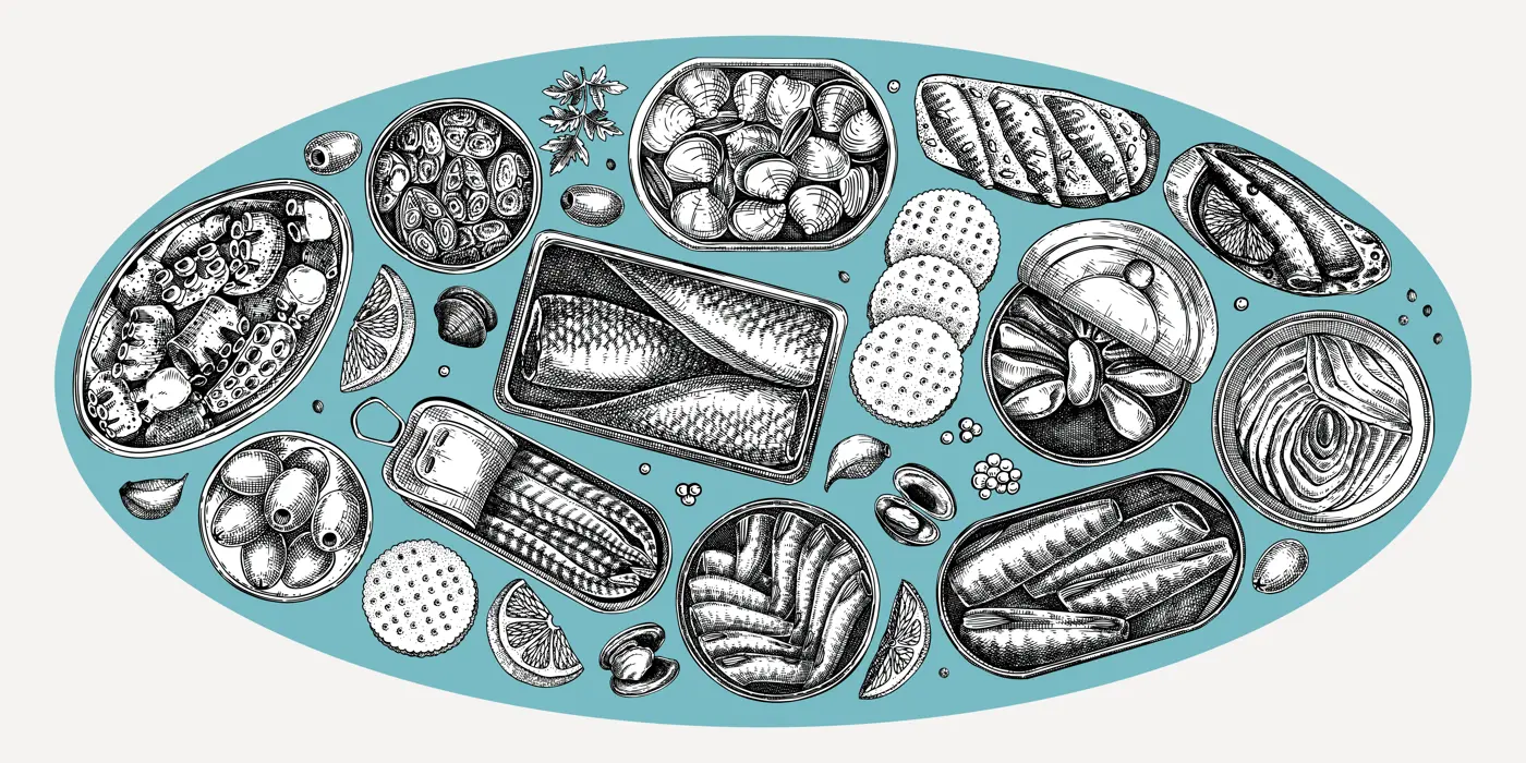 Hand drawn canned fish illustrations collection. Sardines, anchovy, mackerel, tuna, mussels in tin cans, fish canapes, olives, crackers and lemons sketches set in collage style. Table view design Illustration